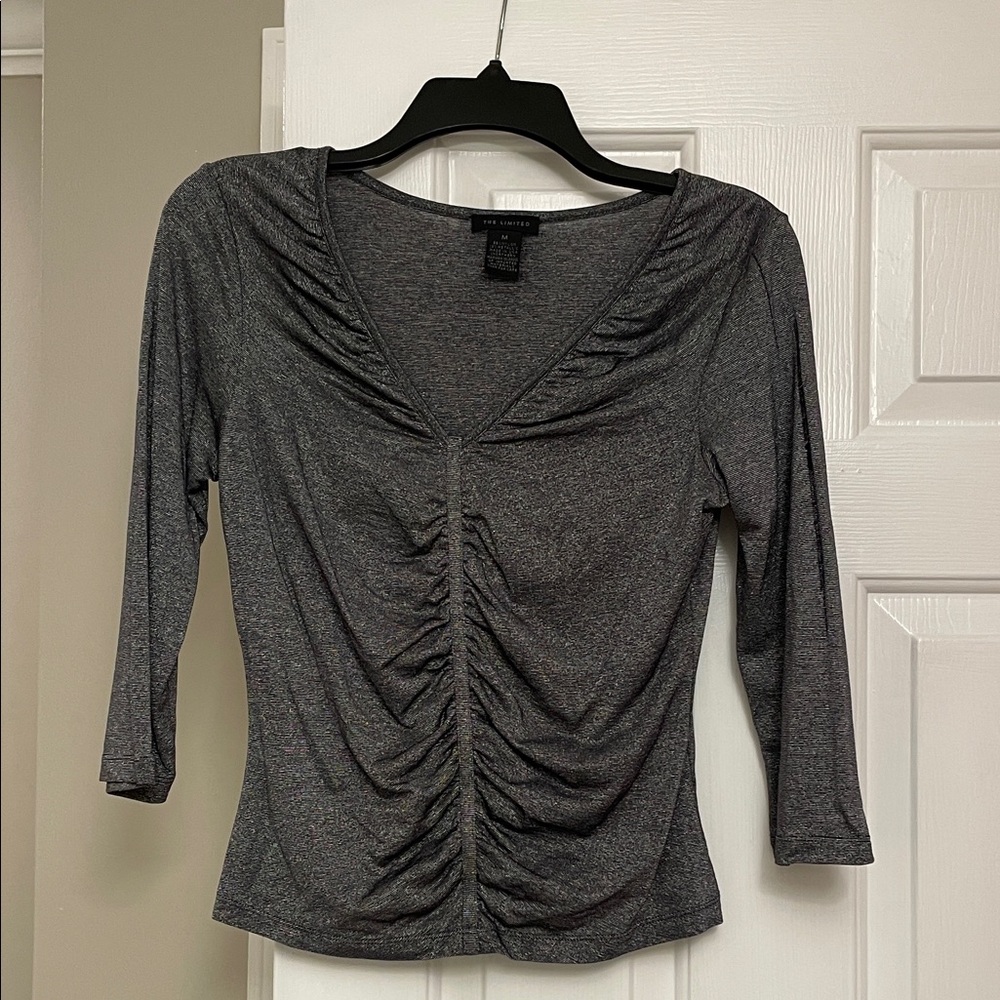 The Limited Gray/Silver Ruched V-Neck Blouse